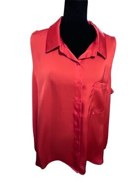 Skies Are Blue Curvy 1XL Sleeveless Satin Button-Front Blouse in Red-NWOT